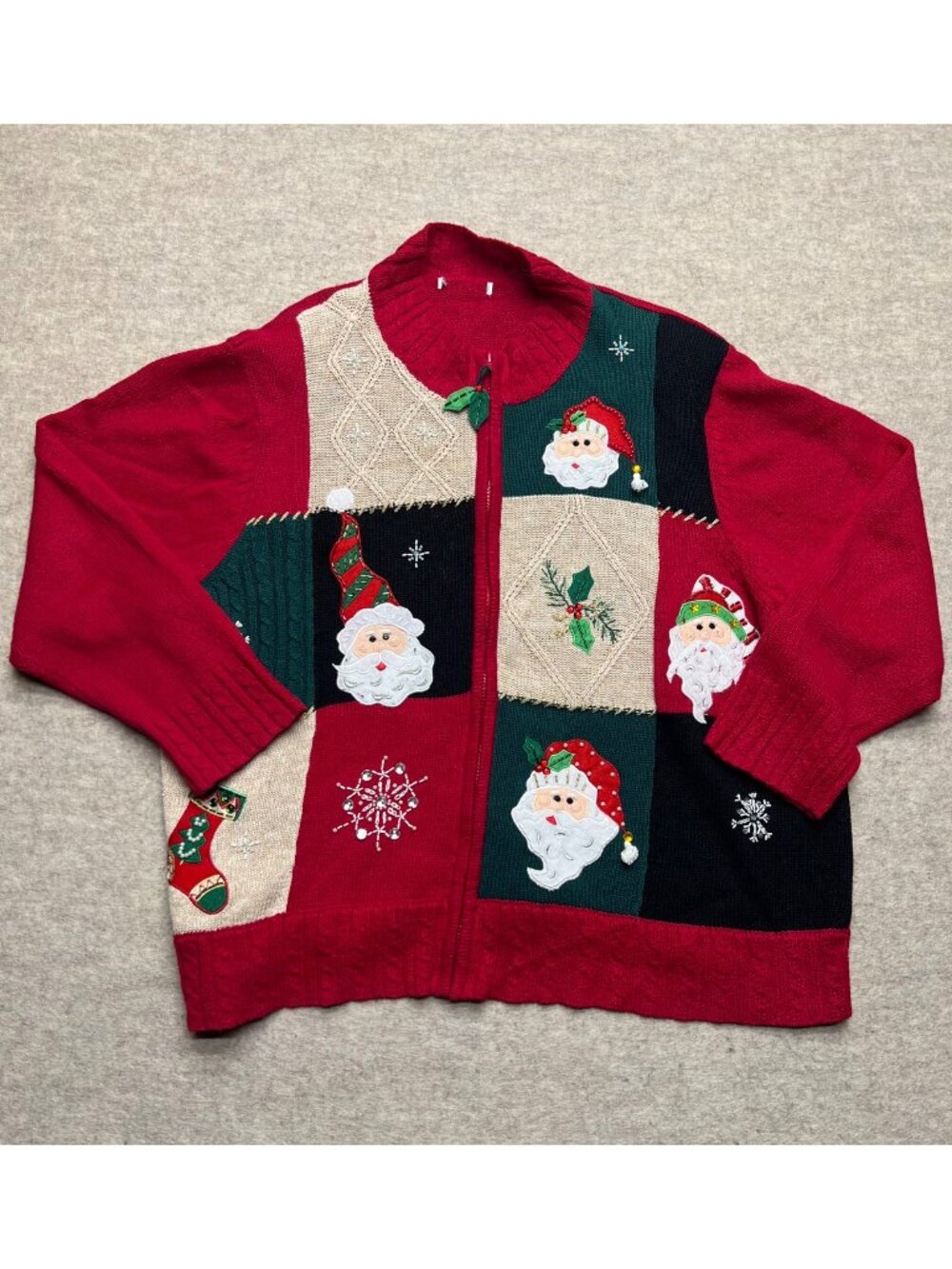 Embellished Holiday Christmas Knit Zip Up Cardigan Sweater Santa Ramie Cotton 3X